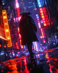 Mysterious detective, cybernetic enhancements, solving a murder in a neon-lit futuristic cityscape, under a perpetual rainfall Realistic, Backlights, Depth of Field Bokeh Effect - obrazy, fototapety, plakaty
