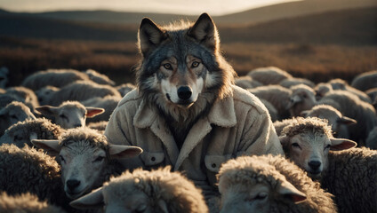 Wolf in sheeps clothing concept - obrazy, fototapety, plakaty