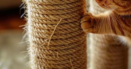 Cat scratching post, close-up, sisal texture, dynamic angle, essential, sharp focus.  - obrazy, fototapety, plakaty