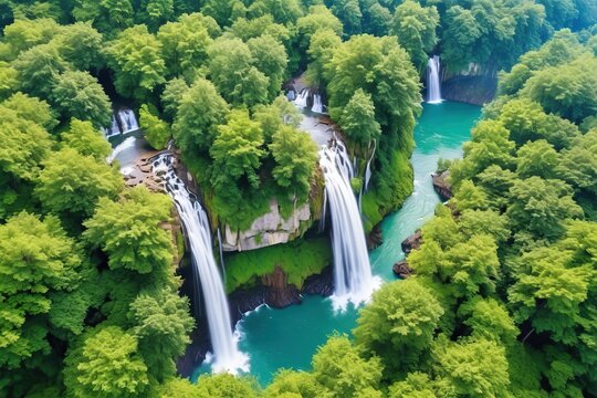 Top view of waterfall in the forest, bird's-eye view, nature landscape.