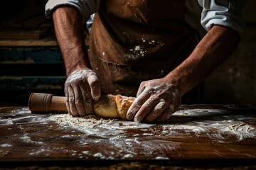 Artisan baker kneading dough on wooden surface
