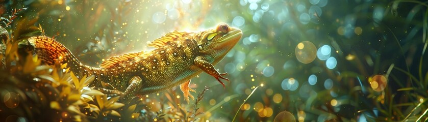 Transgenic animal, with iridescent scales, thriving in a mystical forest Photography with golden-hour lighting for a magical ambiance Lens flare to accentuate its enchanting features