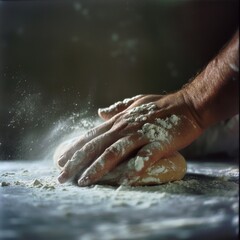 Baker's hands dusting flour on dough