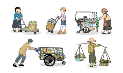Thailand street food, food hawker, food vendor. Hand drawn style illustration.