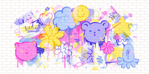 Set of bright cute, kawaii design elements. Anime style characters, cat, bear, flowers. Hand drawn brush strokes, splatters.