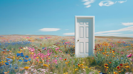 A white door stands alone in a vibrant field of flowers under a clear blue sky, symbolizing a concept of future or new beginnings in nature. Generative AI