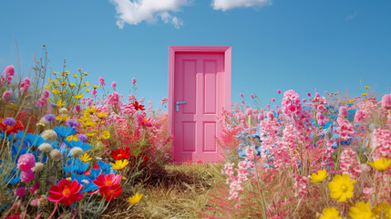 A pink door stands alone amid a vibrant field of colorful flowers under a clear blue sky with soft clouds. Generative AI - obrazy, fototapety, plakaty