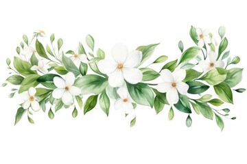 watercolor of jasmine clipart featuring delicate white flowers and green leaves. flowers frame, botanical border, floral frame, Foliage bouquet for wedding, stationery, invitations, cards. - obrazy, fototapety, plakaty