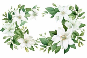 watercolor of jasmine clipart featuring delicate white flowers and green leaves. flowers frame, botanical border, floral frame, Foliage bouquet for wedding, stationery, invitations, cards.