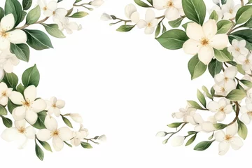 Fotobehang watercolor of jasmine clipart featuring delicate white flowers and green leaves. flowers frame, botanical border, floral frame, Foliage bouquet for wedding, stationery, invitations, cards. © JR BEE