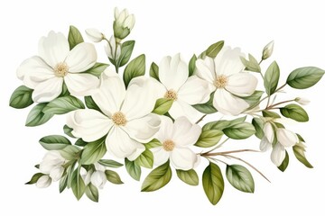 watercolor of jasmine clipart featuring delicate white flowers and green leaves. flowers frame, botanical border, floral frame, Foliage bouquet for wedding, stationery, invitations, cards.
