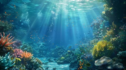 Fototapeta na wymiar Sunlight Illuminating a Vibrant Coral Reef Underwater