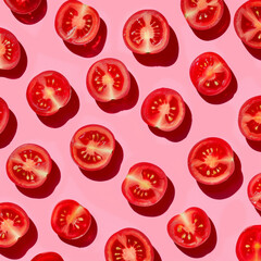 Pattern of cherry tomatoes cut in half, vibrant pink background. The bright red hues and crisp details  food photography. Summer food idea.