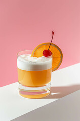 Glass of amaretto sour cocktail with an orange slice and cherry on the rim, white background, pink wall in the background. Summer drinks.
