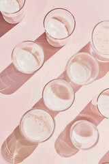 A flay lay photo of multiple glasses  filled with milk against a soft pink background. Minimalistic, aesthetic style. Cosmetic background.