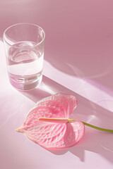 A pink anthurium flower laying on the table, a glass with water next to it, in a pink pastel style, an aesthetic photo. Cosmetic idea.
