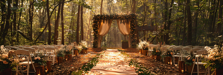 Forest wedding ceremony setup with white chairs and floral archway. Rustic wedding aisle decorated with flowers and candles. Outdoor nuptials theme for design and print. Panoramic view with copy space