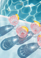 Pink cocktail glasses with lemon twist, blue and white poolside table. Soft shadows. Soft pastel colors  summer drinks.