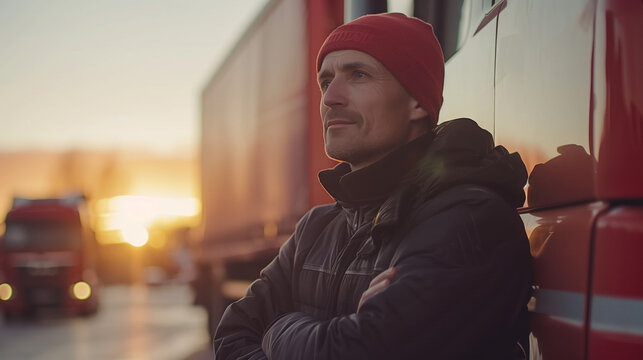 A confident driver stands beside a red truck during a delivery, representing the transportation and logistics concept. Generative AI
