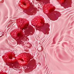 Pink background with raspberries in water, creating an elegant and minimalistic wallpaper. Ripple effect. Cosmetic or food summer background.