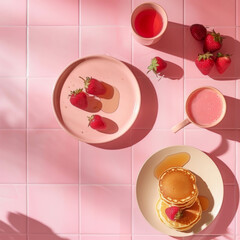 Pink pastel aesthetic background, pancakes and strawberries on one side, bright lighting, pink kitchen tiles. Summer breakfast.