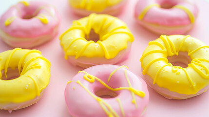 Pink and yellow doughnuts, color close up, light pink background. Modern food photography.