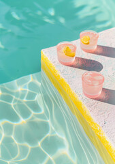 Glasses with pink drinks on the edge of an pool. Shadowplay, pastel yellow and soft blue colors, minimalistic. Summer vibes in the style of pastel aesthetic.