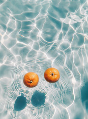 Two oranges floating in crystal clear water. Sunlight shines summer atmosphere. Minimal aesthetic.