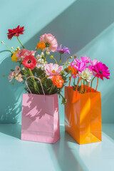 Two shopping bags with flowers inside, a pink and orange paper bag,  light blue background, bright, vibrant colors, a closeup. Summer or spring idea.