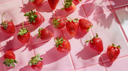 Pink aesthetic background, flatlay strawberries on pink kitchen tiles. Summer food or cosmetic background.