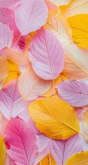 Pink and yellow leaves, color close up, light pink background. Nature autumn aesthetic. Cosmetic background.