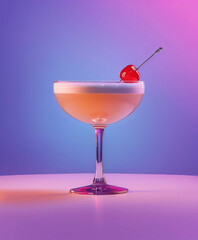 A cocktail in an elegant glass, pink liquid with a red cherry on top, placed against a gradient background of purple and blue. Minimal style. Summer drinks.