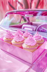 A box of cupcakes on a hood of pink vintage car. Pastel colors. 90s sweet aesthetic.