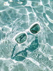 White sunglasses floating in crystal clear water. Sunlight . Summer atmosphere. Pool idea.