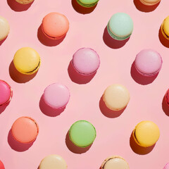 A colorful macarons were arranged in a pattern on a pastel pink background. Various other neon colors and shapes. Cake, food, cosmetic background.
