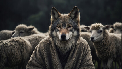 Wolf in sheeps clothing concept - obrazy, fototapety, plakaty