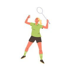 Professional badminton female player with racket in action, vector cartoon blond young woman in green uniform sport game