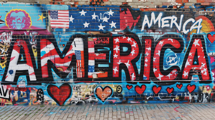 Graffiti on a brick wall of typography words American for 4th July patriotic USA pride mural street art banner red white blue flag stars stripes spray paint urban city background America pride culture