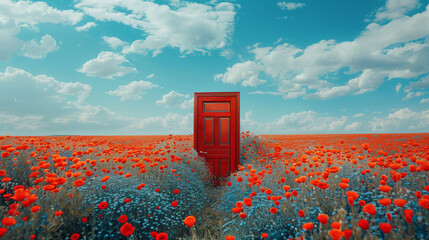A vivid red door stands alone in the middle of a poppy field under a clear blue sky, symbolizing a concept of opening to nature. Generative AI - 773850144