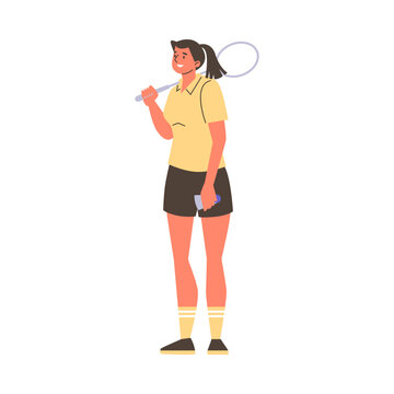 Badminton female player standing with racket on the shoulder and shuttlecock in hand, vector cartoon sport game break