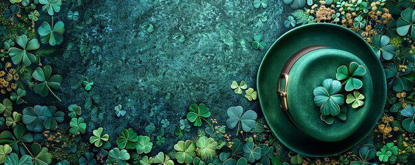 Happy Saint Patricks day lettering phrase with clover leaves and green hat.art illustration - obrazy, fototapety, plakaty
