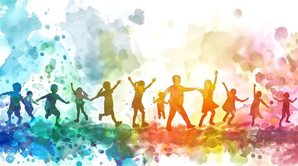 Happy abstract colorful watercolor silhouette many children with