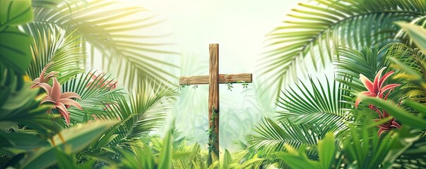 Palm cross and palm leaves. Palm sunday and easter day concept.art illustration