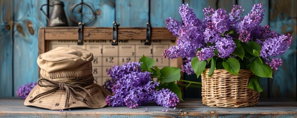 Wooden calendar with Russian text May 9, garrison cap, george ribbon and a bouquet of lilacs on a wooden background. Victory Day.art illustration - obrazy, fototapety, plakaty