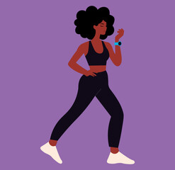 Beautiful black woman doing walk, fitness girl illustration, gym, fitness girl with watch