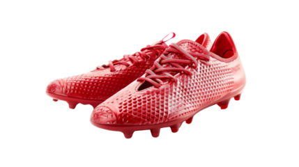 A vibrant pair of red soccer shoes placed on a clean white background