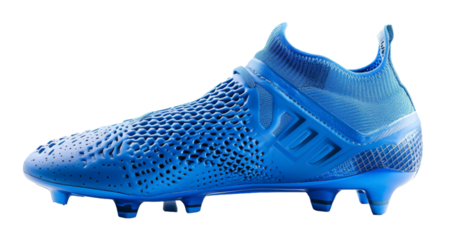 Detailed close-up of a vibrant blue soccer shoe, showcasing its texture and design