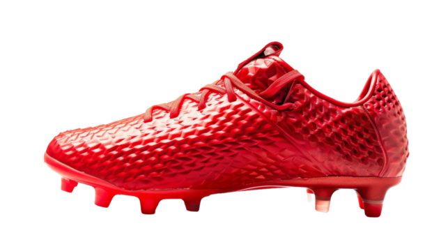 A vibrant red soccer shoe stands boldly against a pristine white background