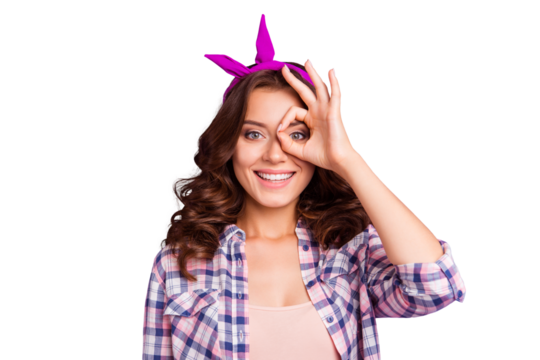 Portrait of nice cheerful girlish childish positive playful mood sweet lovely attractive pretty lady wearing head band showing ok-sign on eye isolated over violet pastel background