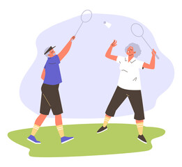 Active seniors playing badminton outdoors. Vector illustration.